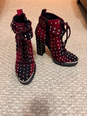 Gianni Bini Burgundy and Black Studded Lace-Up Ankle Boots